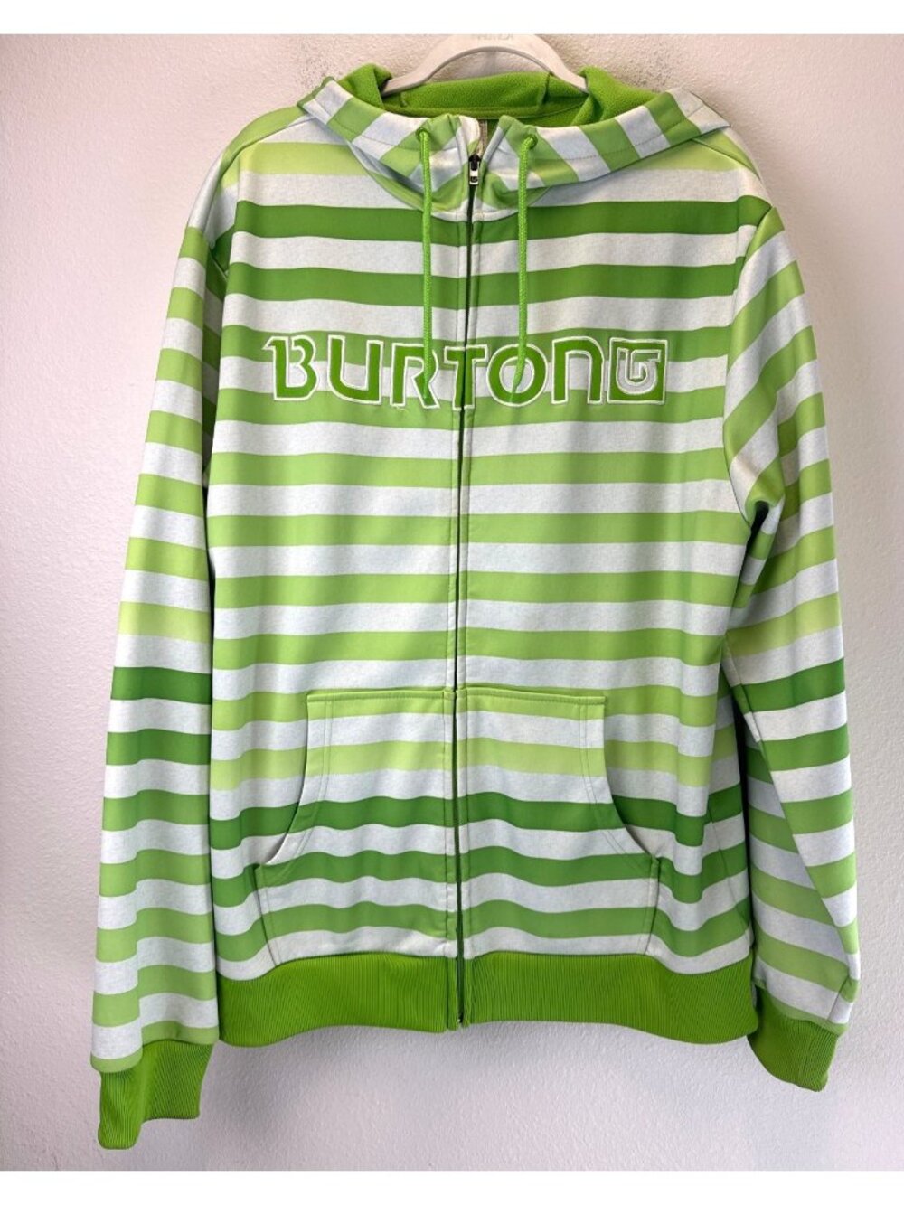 Burton XL Green & White Striped Full-Zip Hoodie Logo Drawstring Hood & Pockets